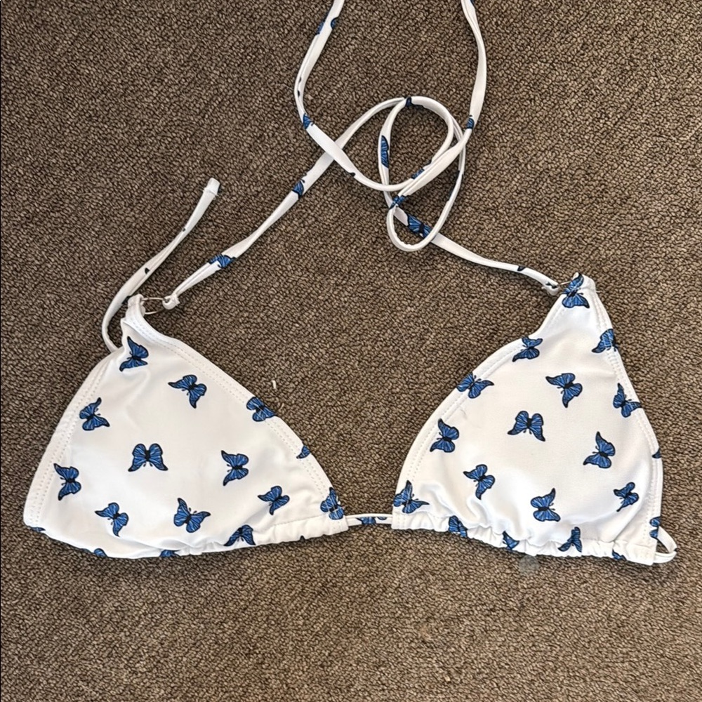 Stylish White Bikini Top with Blue Butterfly Print